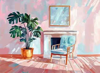 A cozy room in pastel pink and blue tones, with a fireplace, armchair, and monstera plant in a golden pot on a wooden floor