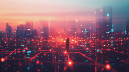 Fototapeta premium Abstract business woman stands on Smart digital Innovation city with connection network reciprocity over the twilight cityscape. of future wireless digital city and social media networking systems