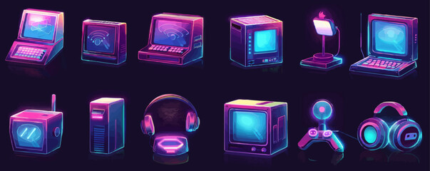Retro tech vector icons set featuring neon gaming and computing devices.