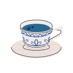 Blue latte and tea. Butterfly pea drinks. Ceramic cup on saucer, glass double wall cup. Blue tea drink with milk foam. Blue iced matcha latte in various cups. Vector Illustration, flat cartoon Icons.
