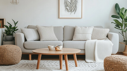 Modern Living Room Interior with Gray Sofa and Neutral Decor