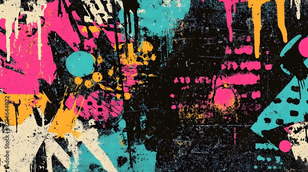 Poster vibrant abstract drip painting with colorful splatters and fluid textures