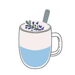 Blue latte and tea. Butterfly pea drinks. Ceramic cup on saucer, glass double wall cup. Blue tea drink with milk foam. Blue iced matcha latte in various cups. Vector Illustration, flat cartoon Icons.