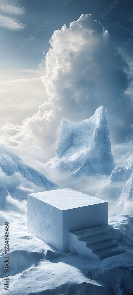 Poster a podium on a snowy peak, with soft light filtering through the clouds and creating dramatic shadows