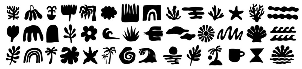 Black and white vector set of abstract summer doodles, organic shapes and forms. Hand drawn Matisse ocean collection. Modern elements in trendy minimalist style for social media banners