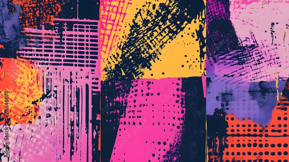Poster vibrant colorful abstract digital art with geometric patterns and distorted textures for modern desi