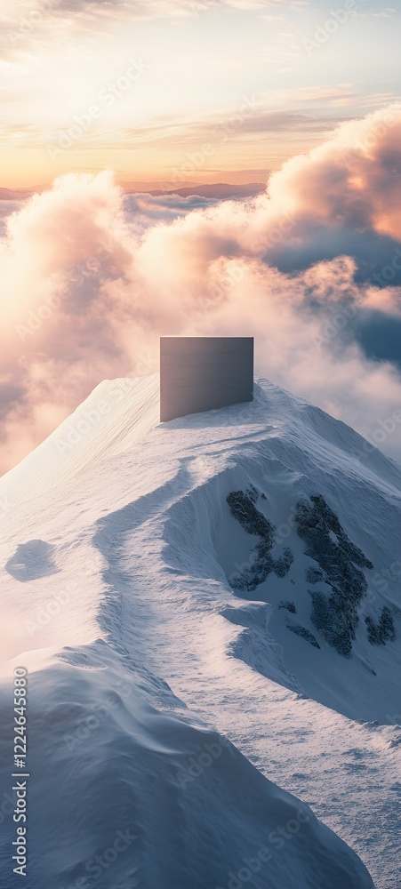 Poster a podium on a snowy peak, with soft light filtering through the clouds and creating dramatic shadows