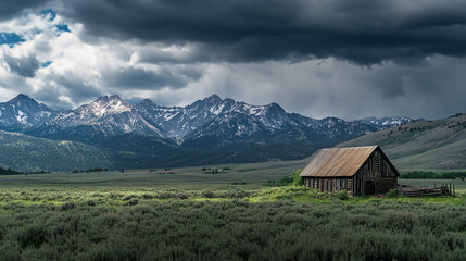 Rustic Wooden Cabin Mountain Landscape Dramatic Sky Scenery Rural Nature Peaceful Serene View       