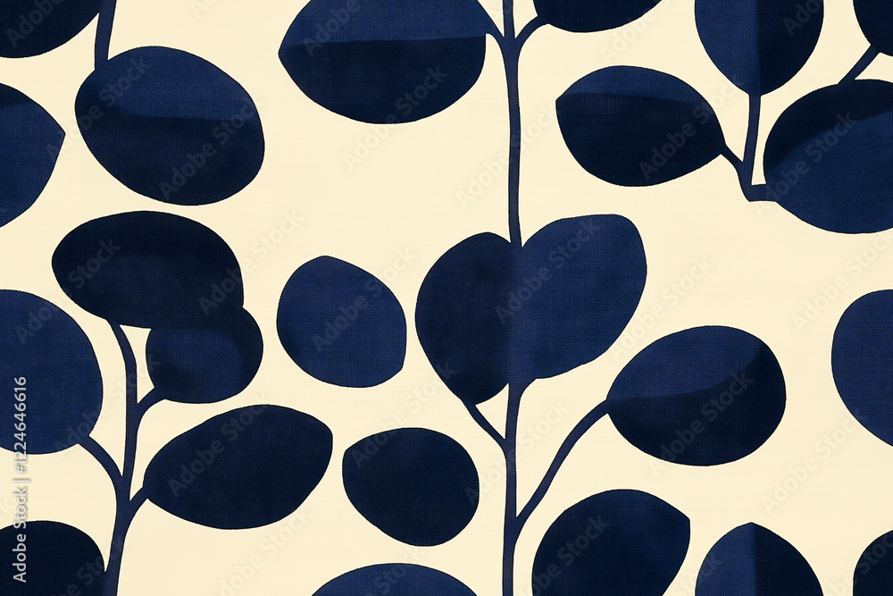 Poster navy blue botanical pattern: a minimalist and elegant pattern featuring navy blue leaves on a cream 