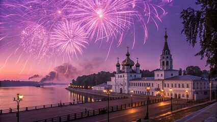 Fototapeta premium Festive Purple Fireworks Over Kostroma Cityscape at Dawn - Magical Beginning of Celebrations