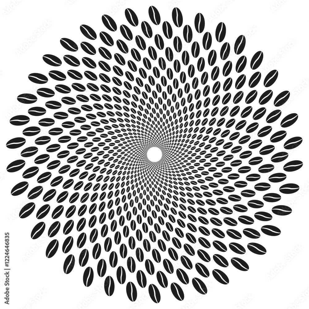 Poster circular coffee seeds. repeating bean pattern. rotating seed design. vector abstract art.