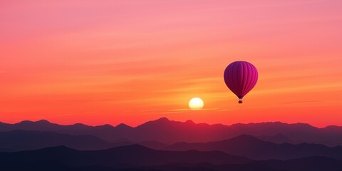 Fototapeta premium A beautiful sunrise landscape with a purple hot air balloon in the sky