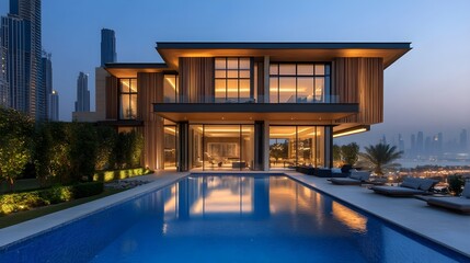 A striking modern mansion with vertical wood slats, an infinity pool, and soft landscape lighting.