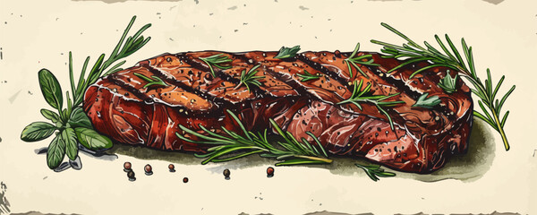 Vector art of grilled steak with fresh herbs and seasoning.