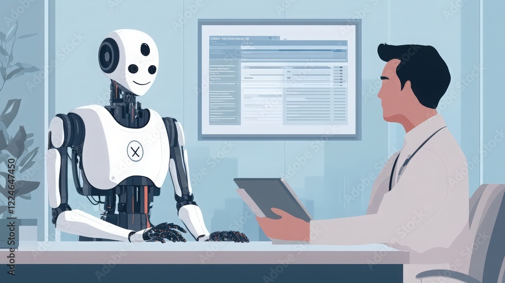 Poster a white robot and a doctor with a stethoscope look at a tablet screen and a computer screen