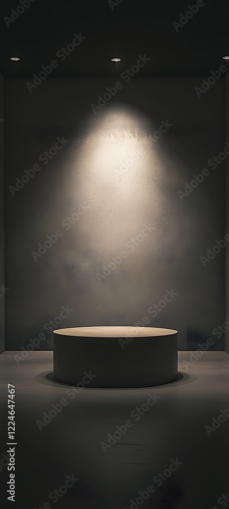Poster a podium in front of an empty art gallery, illuminated by subtle spotlighting with dark walls and a 