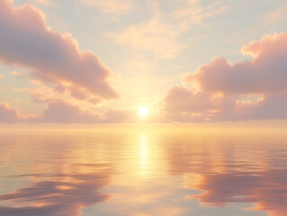 Obraz premium Serene Sunset Seascape: A breathtaking panoramic view of a calm ocean reflecting a vibrant sunset, with soft pastel clouds painting the sky. The tranquil scene evokes peace and serenity. 