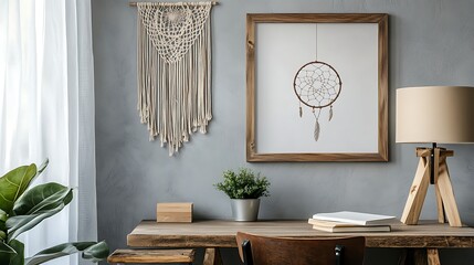 A minimalist wooden frame with an illustration on wall