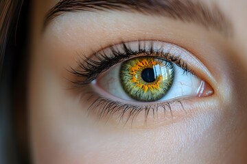Obraz premium Close-up of Human Eye with Vibrant Green and Orange Iris for Vision and Optical Design Concepts