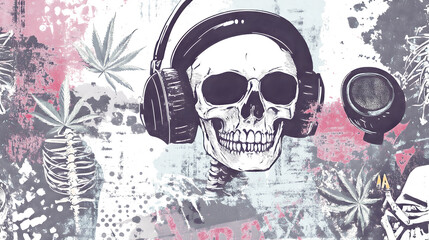 Fototapeta premium Skull Wearing Headphones in Vibrant Grunge