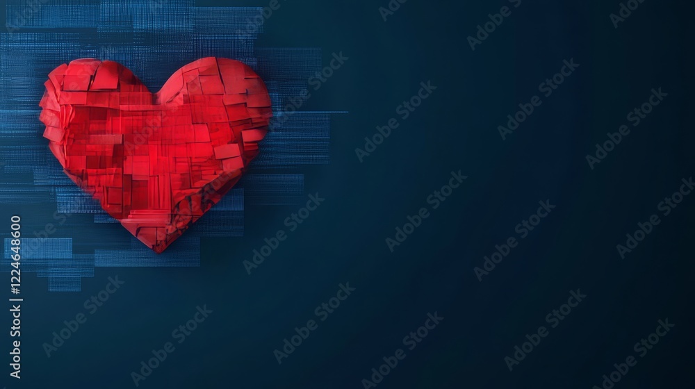Poster digital heart abstract red cube heart in tech background