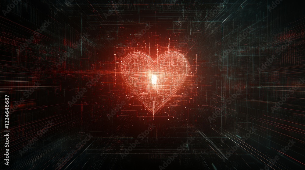 Poster digital heart abstract red glowing network data heart