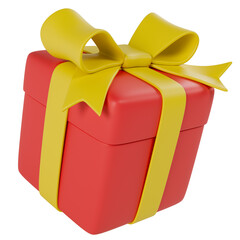 Stylized red gift box with yellow ribbon. Isolated on transparent background