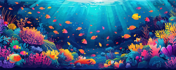 Vibrant underwater vector scene with colorful marine life and coral reefs.