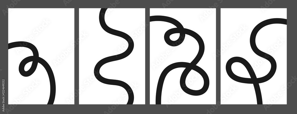 Poster set of black abstract banner with curvy line. background with scribble squiggle. wave line art. squi