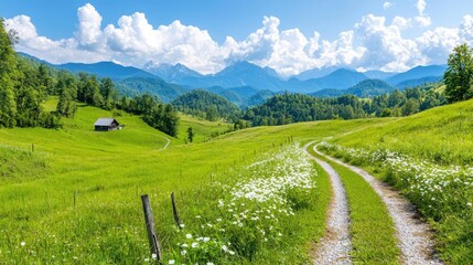 Fototapeta premium Mountain valley scenic road, summer landscape, wildflowers, rural home. Use Travel brochure