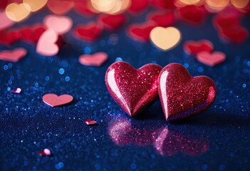 Obraz premium Two sparkling pink hearts on blue glitter background. Perfect for Valentine's Day