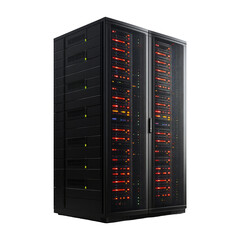 High-tech server rack with illuminated components on a transparent background
