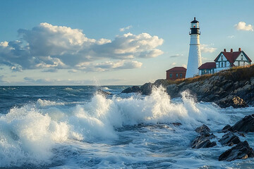 Obraz premium Scenic view of a lighthouse by the ocean with crashing waves and clouds in the background