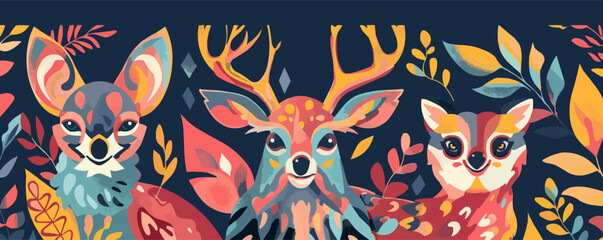 Obraz premium Colorful vector art of forest animals with vibrant foliage.