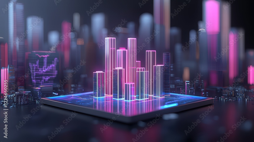 Poster modern workspace with tablet displaying virtual data in a futuristic cityscape