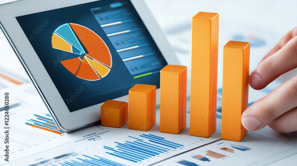 Poster tablet displaying vibrant bar graphs on a desk with hands for business analysis and presentation