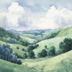 Obraz premium Rolling green hills landscape, cloudy sky, peaceful valley scene, nature background, ideal for travel brochure