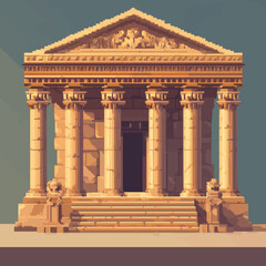 Obraz premium Classic greek temple vector with columns and pediment in pixel art style.