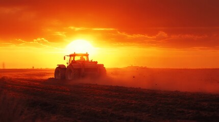 Fototapeta premium Tractor plowing field at sunset creating dust cloud