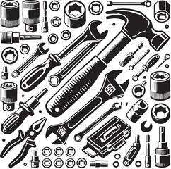 Black Ratchet and Socket Set Silhouette Vector, High Quality Illustration on White Background