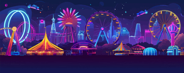 Neon vector carnival night scene with ferris wheels and fireworks.
