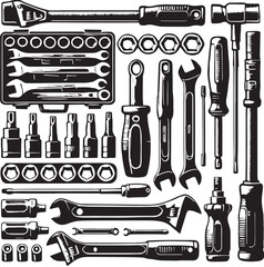 Black Ratchet and Socket Set Silhouette Vector, High Quality Illustration on White Background