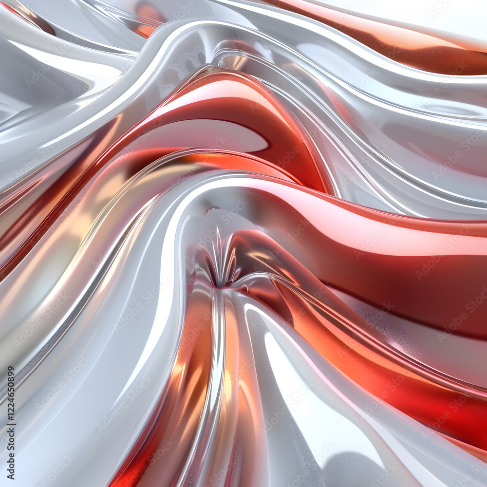Poster abstract flowing waves of red and silver, creating a dynamic and smooth texture.