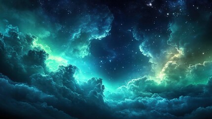 Black, blue, green, and teal night sky adorned with clouds, symbolizing stormy weather with wind and rain. The dramatic dark skies background features glows, lights, and occasional lightning