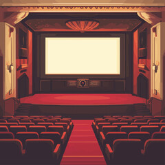 Fototapeta premium Cozy vintage theater vector scene with empty auditorium and screen.