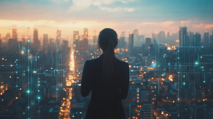 Abstract business woman stands on Smart digital Innovation city with connection network reciprocity over the twilight cityscape. of future wireless digital city and social media networking systems