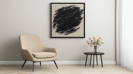 Abstract Black And Beige Artwork In Minimalist Room Setting With Beige Armchair