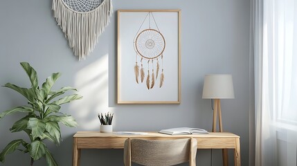 A minimalist wooden frame with an illustration on wall