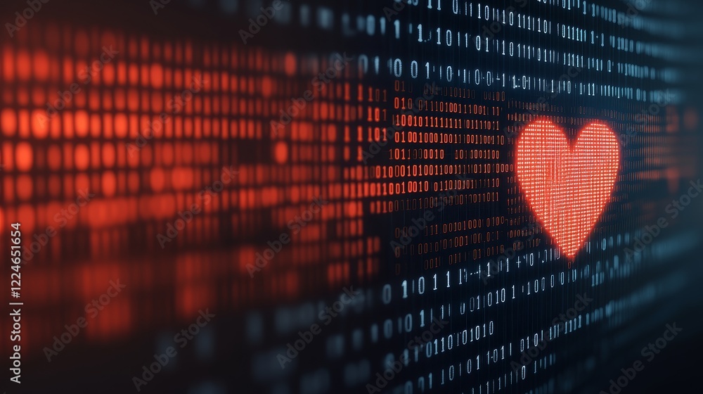 Poster digital heartbeat binary code love symbol on screen