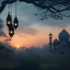 Obraz premium Sunset Mosque Lanterns Hanging Dusk Festive